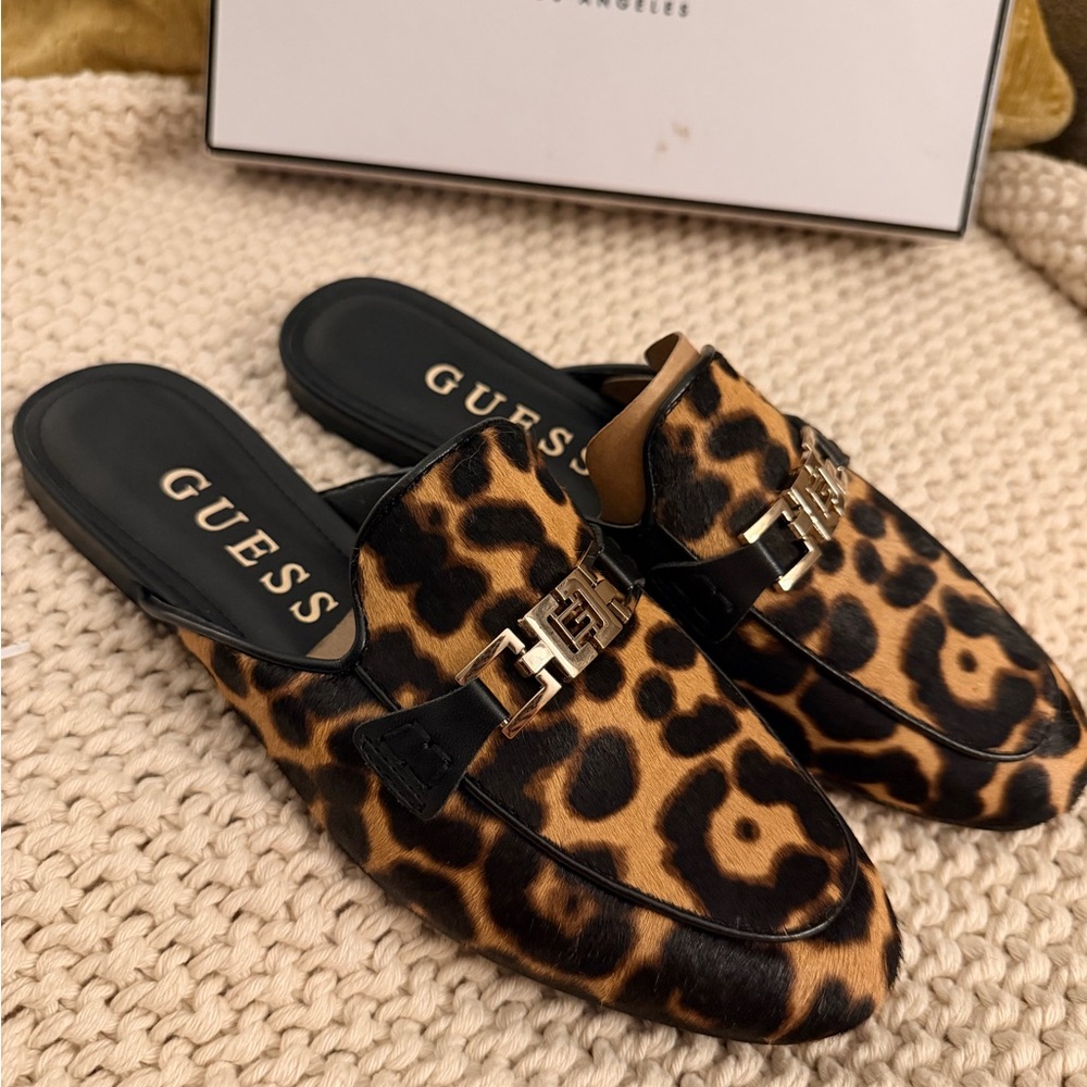 Guess Leopard Print Mules with Black and Gold Accents